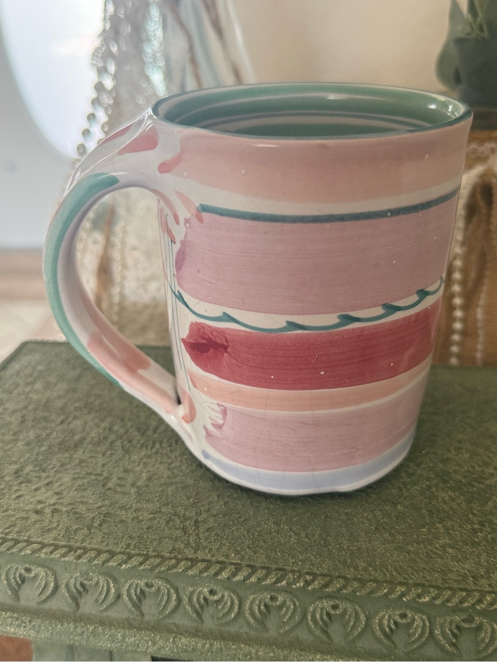 Hand-Painted Striped Ceramic Mug in Pink & Teal